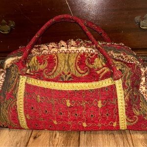 Tapestry Travel Bag Large Burgandy Embroidered Gold Boho Fringed Trim With Strap